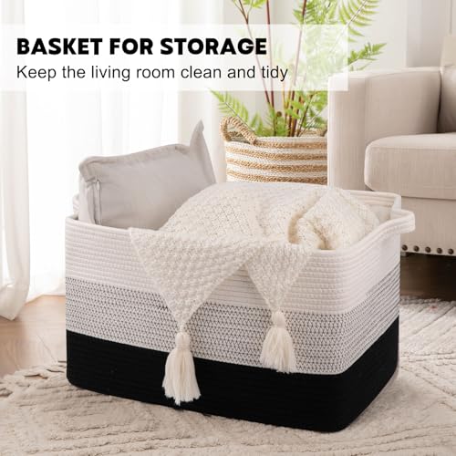 Image of OIAHOMY Large Blanket Basket, 65L Cotton Rope Woven Laundry Basket, Toy Bin for Baby Room, Container for Blanket Storage in Living Room, 20''x16''x12'', Gradient Black