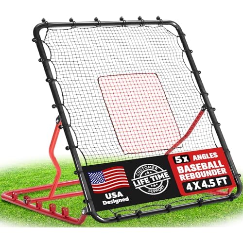 Baseball Rebounder Net, 3/5 Adjustable Angles 4x4.5FT Pitch Back Baseball Softball Volleyball Rebounder with 2 Strike Zones, UV Resistant, Pitchback Trainer for Ground, Line Drive & Fly Ball