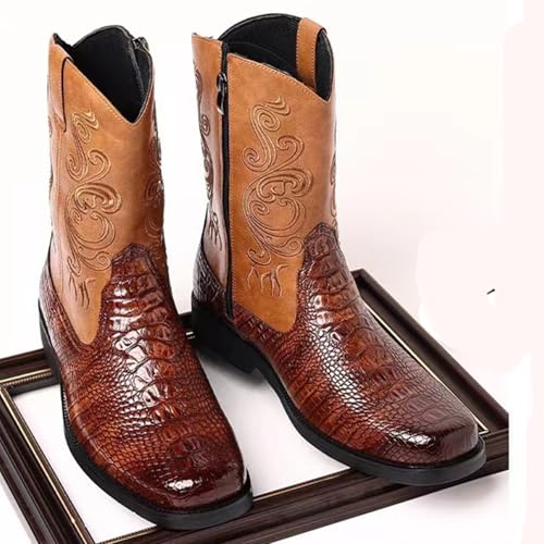 Men Cowboy Boots PU Leather Crocodile-Embossed Boots Vintage Mid-Calf Western Embroidered Boots Wear-Resistant Heel2