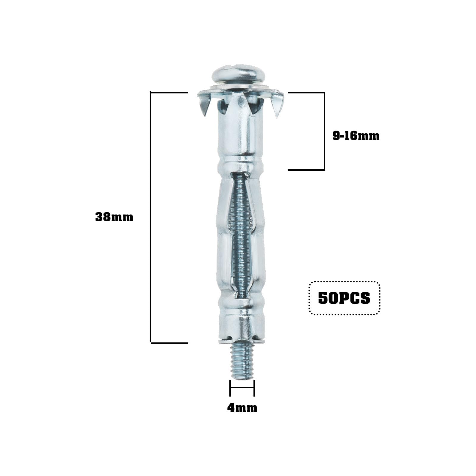 YINETTECH 50pcs M4 x 38mm Expansion Bolts Hollow Expansion Screw Galvanized Carbon Steel Expansion Screw Cavity Bolt for Dry Walls Hollow Bricks Plaster Ceramic Tiles - Image 4