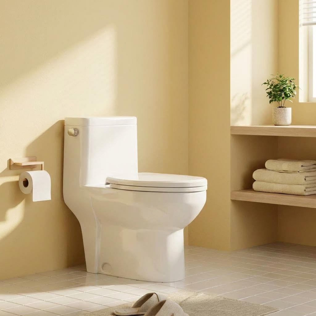 One Piece Toilet, Ceramic Design, Soft Closing PP Toilet Cover, Easy Clean Surface, 1.28GPF Water Efficient Flush, Compact Durable Build, 12" Rough-in