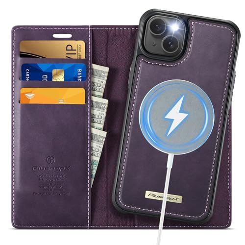 Image of Wallet Case for iPhone 13 Compatible with Magsafe, 2-in-1 PU Leather Flip RFID Blocking Card Holder Stand Shockproof Magnetic Detachable Cover for iPhone 13 Case 6.1 inch, Retro Purple