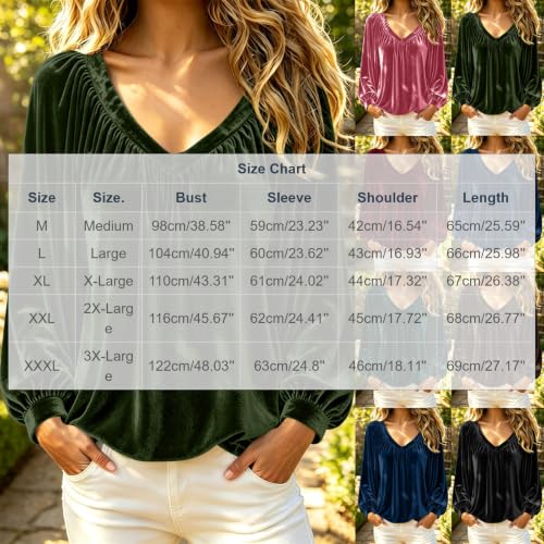 Long Sleeve Shirts for Women Velvet V Neck Pleated Loose Elegant Tops - image 4
