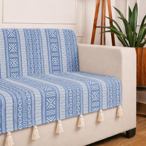 Image of STITCHNEST 'Verdant Bohemian Stories' 2 Seater Sofa Cover - Full Coverage| Elegant Jacquard Fabric, Decorative Tassels, Washable & Durable for Modern Living