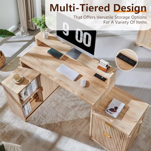 Image of 67 inch Modern Desk with Cabinet & 2 Drawers, Office Desk Built‑in Outlet | luted Computer Writing Desk, storage cabinet with sliding doors, Oak