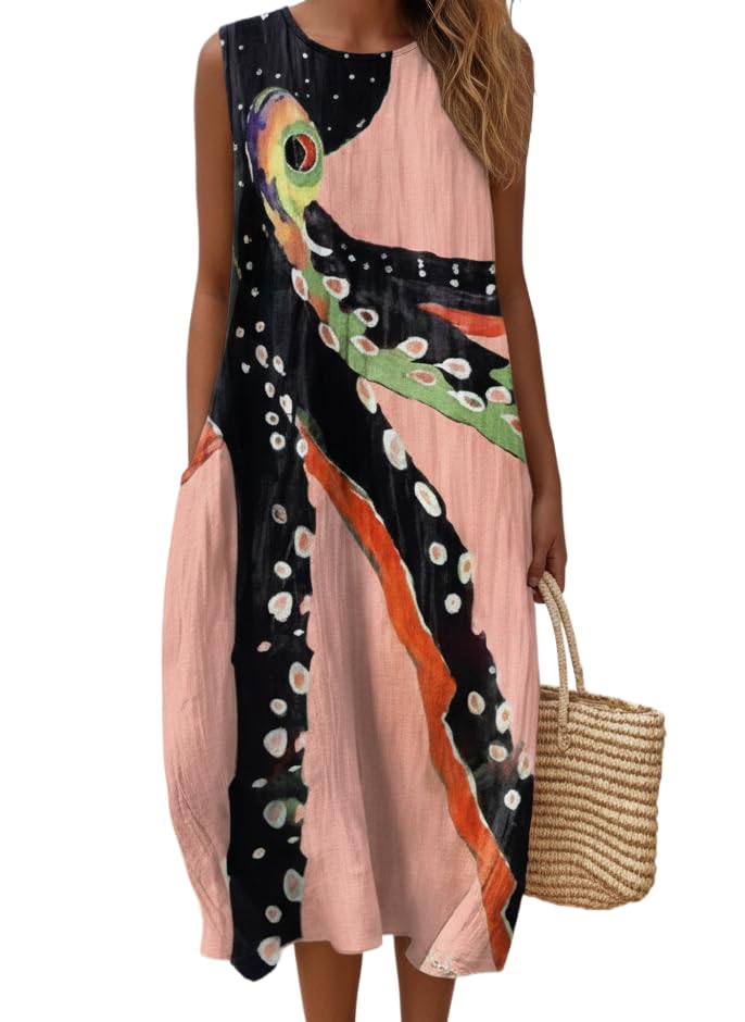 TIAFORD Women's Sleeveless Cotton Linen Midi Dress Abstract Peacock Print Loose Fit with Pockets Lightweight Breathable Summer Beach Sundress for Vacation Casual Boho Outfits