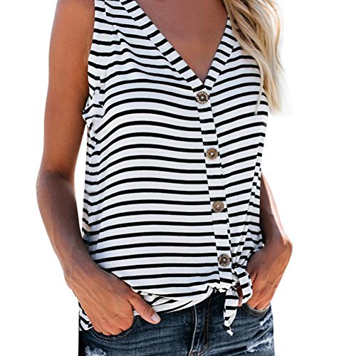 lotus.flower 2018 Womens Fashion V-Neck Button Cotton Stripe Sexy Vest Fashion Sleeveless T-Shirt (M, White)