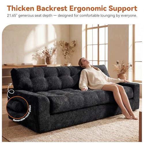Image of MONVANE 75.6 inch Convertible 3 Seater Sofa, 2-in-1 Boneless Sleeper Sofa Bed with Storage Pocket, Comfy Chenille Deep Seat Boneless Couch for Living Room, No Assembly Required, Black