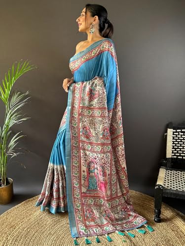 Image of Panzora Women's Tussar Silk Madhubani Printed Saree With Unstitched Blouse Piece