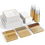 FOCUS LINE 350 Piece Square Dinnerware Set-50 Gold Rim Dinner Plastic Plates-50Gold Rim Dessert Plates-50 Gold Plastic Cups-50 Linen Like Gold Paper Napkins, 50 Guest Disposable Gold Dinnerware Set