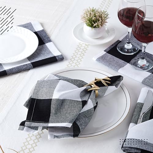 Image of Encasa XO Dining Table Napkins Set of 12, 43x43 cm | Machine Washable Reusable, Recycled Cotton Cloth Napkin, Soft & Absorbent, Table Decor for Hotels, Farmhouse - White & Buffalo Black Checks