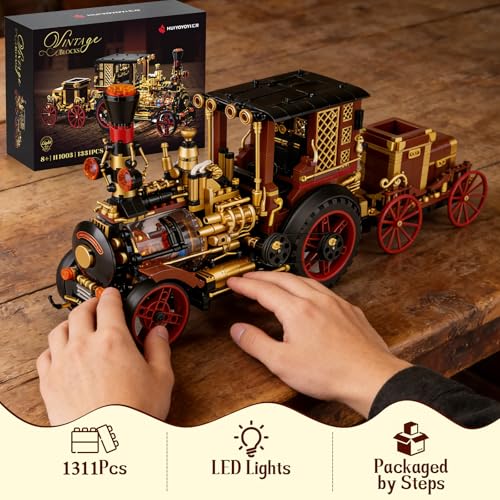 Image of OWNONE 1 Vintage Car Steam Engine Building Blocks Set with Lights, Western Retro Steam Tractor Locomotive Model Building Kit for Vintage & West Lovers, Creative Home Office Decor Gift for Adults Teens