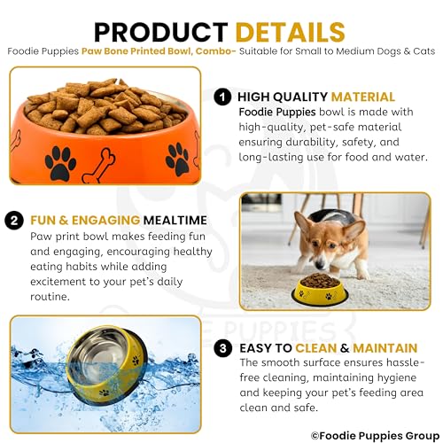 Image of Foodie Puppies Stainless Steel Dog Bowl Combo - (Medium, 700ml) Food and Water Feeding Gift Bowl | Suitable for Dogs, Cats and Other Pets I Paw Bone Print, Anti-Skid Rubber Base (Yellow + Orange)