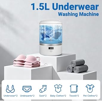 Portable Washing Machine, Mini Washer for Socks & Underwear, 1.5L Compact Electric Ultrasonic Washer for Travel, Dorm, Apartment, 5/15-Min Quick Wash with LED Display White