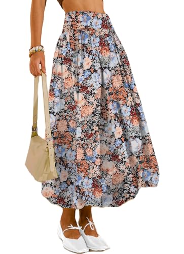 Women's Bubble Long Skirt Elastic Waist A-Line Pleated Ruffle Flowy Balloon Maxi Skirts with Pockets