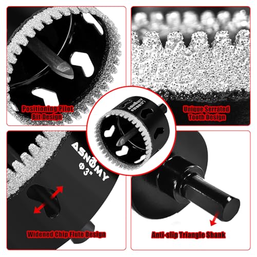 Image of 3 inch Diamond Hole Saw with Pilot Drill Bit,Tile Hole Saw for Ceramic | 3 inch Serrated Brazing Diamond Core Drill Bits with Guiding Bit for Porcelain Tile Glass Stone Granite Marble
