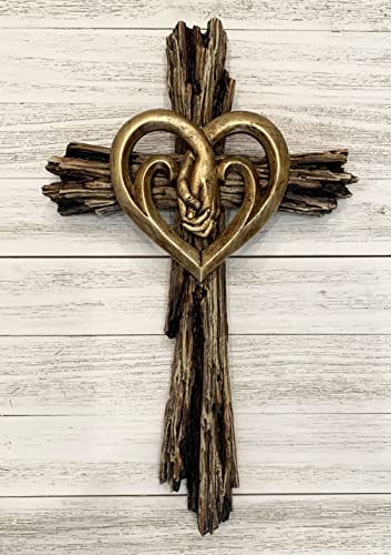 Top Brass Heart Holding Hands Wall Cross Decorative Art Sculpture - Faux Wood Finish - Forever Love #TOP4