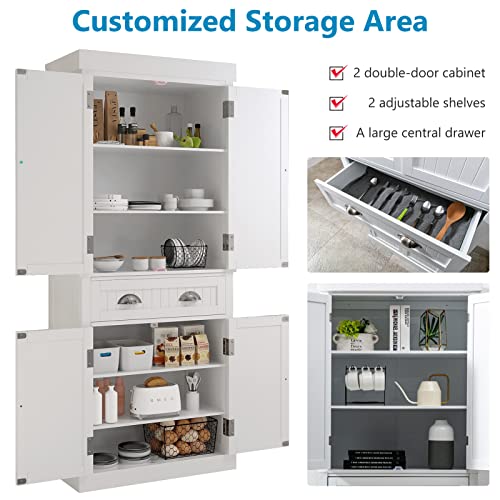 Squireewo 72" Freestanding Kitchen Pantry Storage Cabinet With Doors And Adjustable Shelves, Storage Cupboard With Large Drawer For Kitchen, Bathroom Or Hallway, White #TOP3