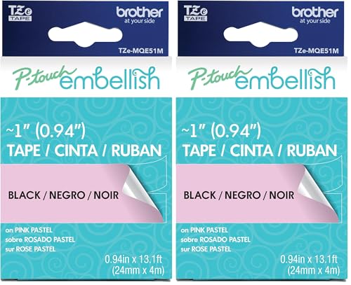 Image of Brother P-Touch Embellish Black Print on Pastel Pink Tape TZE-MQE51M - ~1 inch Wide x 13.1' Long (24mm x 4m) (Pack of 2)