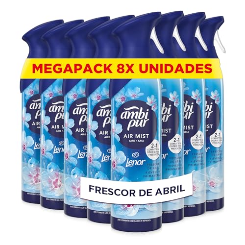 Ambipur Despertar Primaveral Ambientador En Spray 185ml x 8, Con Una Fragancia El Doble De Duradera Que Elimina Olores Y Deja Un Aroma Fresco Y Ligero, El paquete puede variar