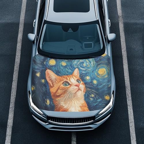 Image of Starry Sky Cat Car Hood Cover Weatherproof Automotive Exterior Accessories Universal Fit Hood Covers for Cars, Trucks, SUV, or Van Full Coverage with Elastic Band