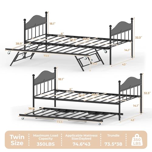 Image of Garvee Twin Daybed with Trundle, Twin Bed Frame with Stylish Headboard, Heavy Duty Steel Slats Platform for Living Room, Bedroom, Black