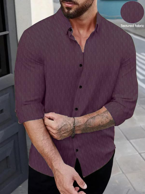 Image of DEELMO Men's Regular Fit Button Down Dress Shirts Textured Long Sleeve Casual Hawaiian Shirt