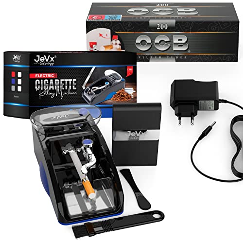 JEVX Maquina Liadora de Tabaco + 200 Tubos de cigarrillos con Filtro OCB + Pitillera - Entubador Electrico para Llenado de Cigarros - Entubadora Electrica para Liar Tubos de Tabaco Picado Azul Cover