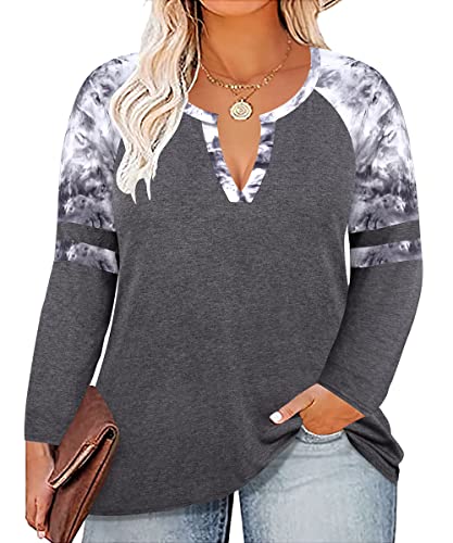 Image of CARCOS Plus Size Tops for Women Long Sleeve Fall Tunic Color Block Camo /Plaid /Leopard /Fall Blouse Crewneck Tshirt XL-5XL