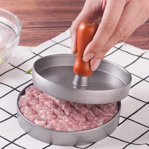 Image of Round Shape Meat Burger Patties Maker Machine | Non-Stick Surface Vegetable and Aloo Tikki Press Mold with Wooden Handle | Burger Press Patty Maker | Kitchen Mold Hamburger Press