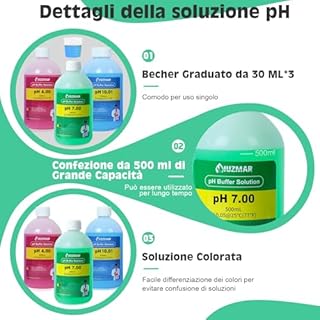 UIUZMAR Soluzione di Calibrazione pH 4,00 7,00 e pH 10,01, Soluzione Liquida pH 4,00 7,00 e pH 10,01 da 500 ml con Misurino da 30 ml, Soluzione Tampone pH 4 7 10 per pHmetro, Misuratori di pH