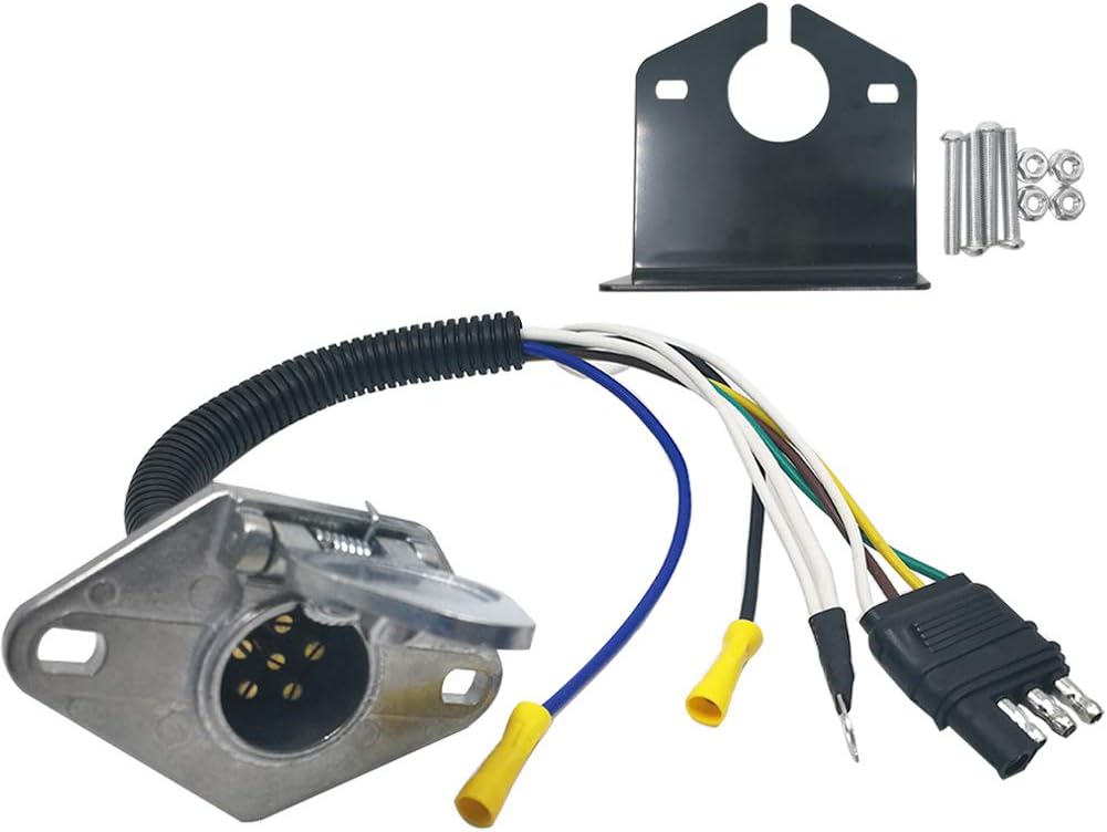 4 Way Flat to 6 Pole Round Trailer Wiring Adapter Quick-Connect 6 Way Connector with Mounting Bracket