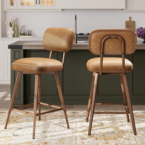 Image of MALOL 26 inch Swivel Bar Stools Set of 3, Mid Century PU Leather Counter Height Bar Chairs with Low Back and Metal Legs, Modern Bar Stool Chair for Kitchen Island, Brown