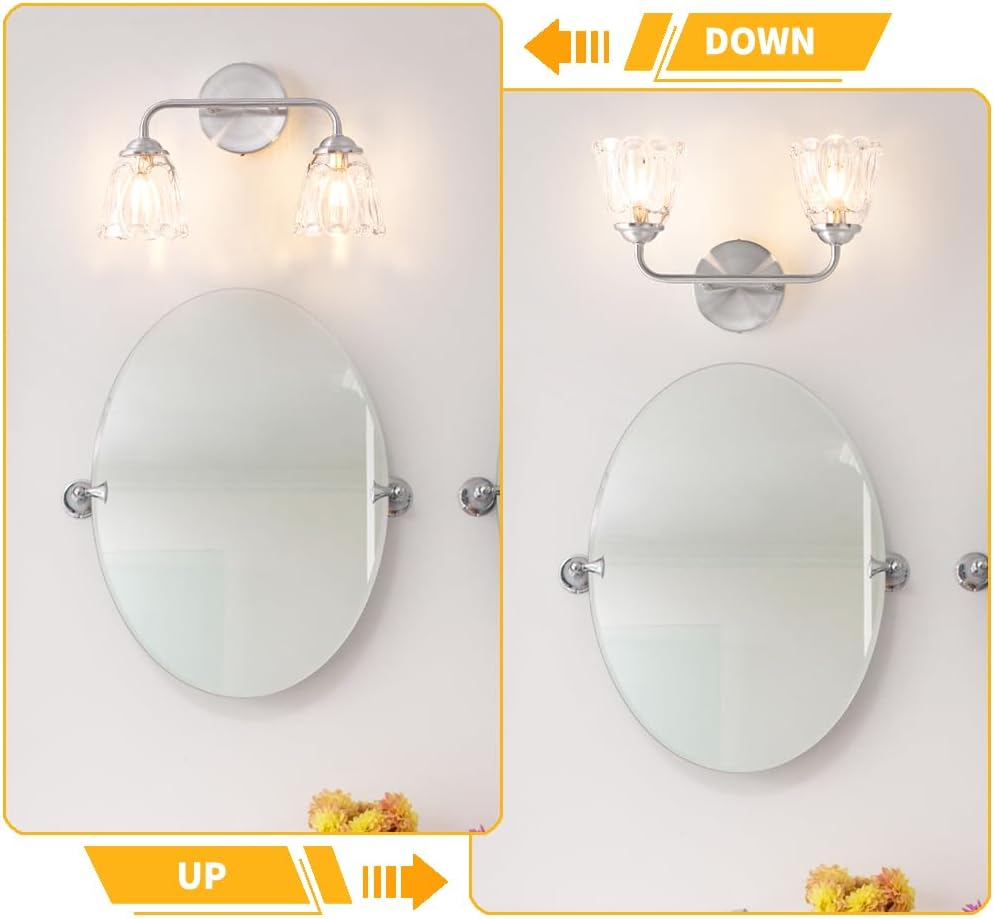 Daunton Vintage Bathroom Vanity Light, Brushed Nickel Vanity Lights Over Mirror, 2-Light Elegant Bathroom Light Fixture with Flower Glass Shade, Wall Sconce Lighting for Bedroom Lining Room