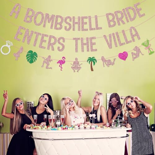 Image of A Bombshell Bride Enters the Villa Banner Garland for Tropical Island Themed Bachelorette Party Decorations