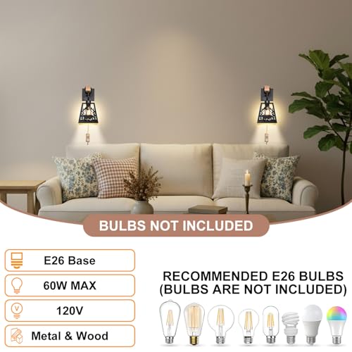 Image of Plug in Wall Sconces Set of 2,Bear Matte Metal Rustic Sconces Wall Lighting,Black Farmhouse Wall Sconces,Bathroom Light Fixtures Indoor,Industrial Wall Lamps for Bedroom,Living Room,Bedside