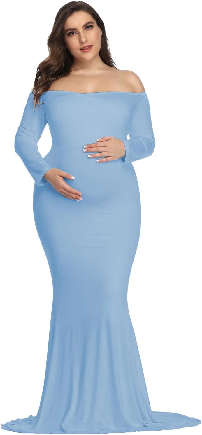 YnimioAOX Maternity Photoshoot Dress Long Sleeve Elegant Maxi Photography Dress Slim Stretchy Gowns