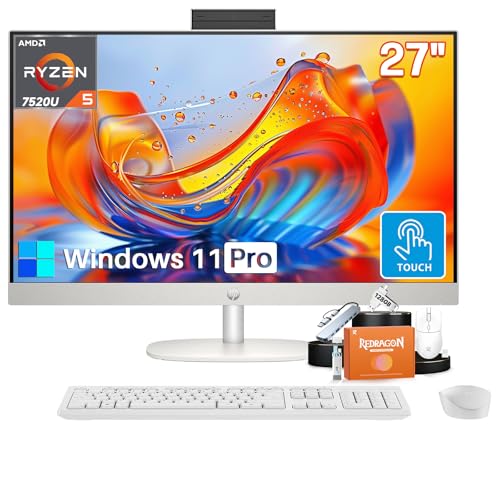 Image of HP All in One Desktop Computer, 27 inch FHD IPS Touchscreen, 16GB DDR5 RAM, 1TB SSD, AMD Ryzen 5 7520U Processor, Windows 11 Pro, Wi-Fi 6, Wireless Keyboard and Mouse, w /Accessories