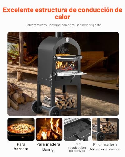 Miniatura 3 de Vevor Horno De Pizza De Pellets De Leña De 2 Capas, Para Exteriores, Con 2 Ruedas Extraíbles, Máquina Para Hacer Pizzas Con Una Temperatura Máxima De 540 C Para Asar, 540 X 445 X 1420 Mm, Negro