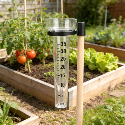 KINGLAKE 2 Stück Regenmesser Frostsicher für Garten, Regenwassermesser Wassermesser Kunststoff, Anzeige 35 mm/m², Regen Messer mit Halter, Transparent -(Kartonverpackung)