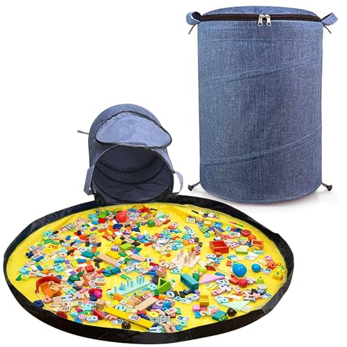 Modojuny Organisateurs de rangement de jouets pour enfants avec tapis de jeu, grand sac/poubelle pliable en toile avec fermeture éclair pour blocs de construction, voitures, poupées et autres jouets