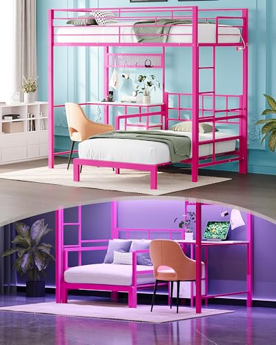 VINGLI Twin Bunk Bed with Desk and LED Lights