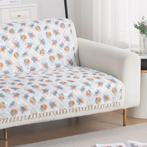 Image of HOKIPO Abstract Petals Quilted Sofa Cover for 2 Seater with Tassels for Seat & Back, 'Tassel Twigs' Series (IN-990-T10)