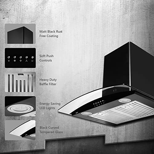 Image of KAFF LUXOR DHC 60 Heavy Duty Baffle Filter Auto Clean Curved Glass Kitchen Chimney 60 CM with 1000 m3 /hr Suction Capacity, Soft Push Buttons, Energy Saving Frosted LED Lights (Black)