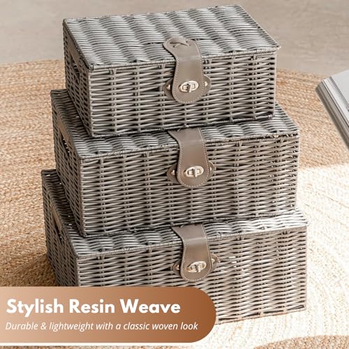 HomeZone Pack of 3 Lockable Grey Wicker Storage Basket with Lids Rattan Woven Decorative Storage Boxes with Lids Grey Baskets for Bathroom Bedroom Kitchen Stair Baskets Hampers - Cosy Home Interiors HomeZone Pack of 3 Lockable Grey Wicker Storage Basket with Lids Rattan Woven Decorative Storage Boxes with Lids Grey Baskets for Bathroom Bedroom Kitchen Stair Baskets Hampers - Image 4