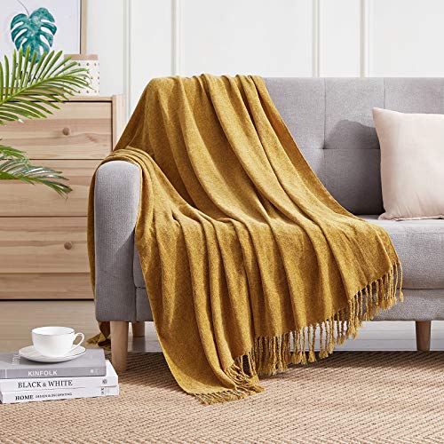 BOURINA Chenille Throw Blanket with Decorative Fringe for Couch Sofa Chair Blanket (50x60 Inches) Mustard