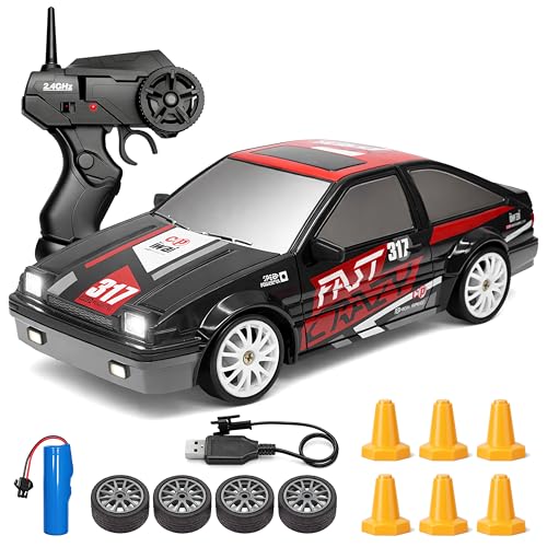 Image of 2.4GHz Remote Control Rally Drift Car Toy for Kids with LED Lights - 4WD 15Kmph RC Drifting Car with Extra Rubber Tires, Cones Barriers & Rechargeable Battery - Color and Design As Per Stock