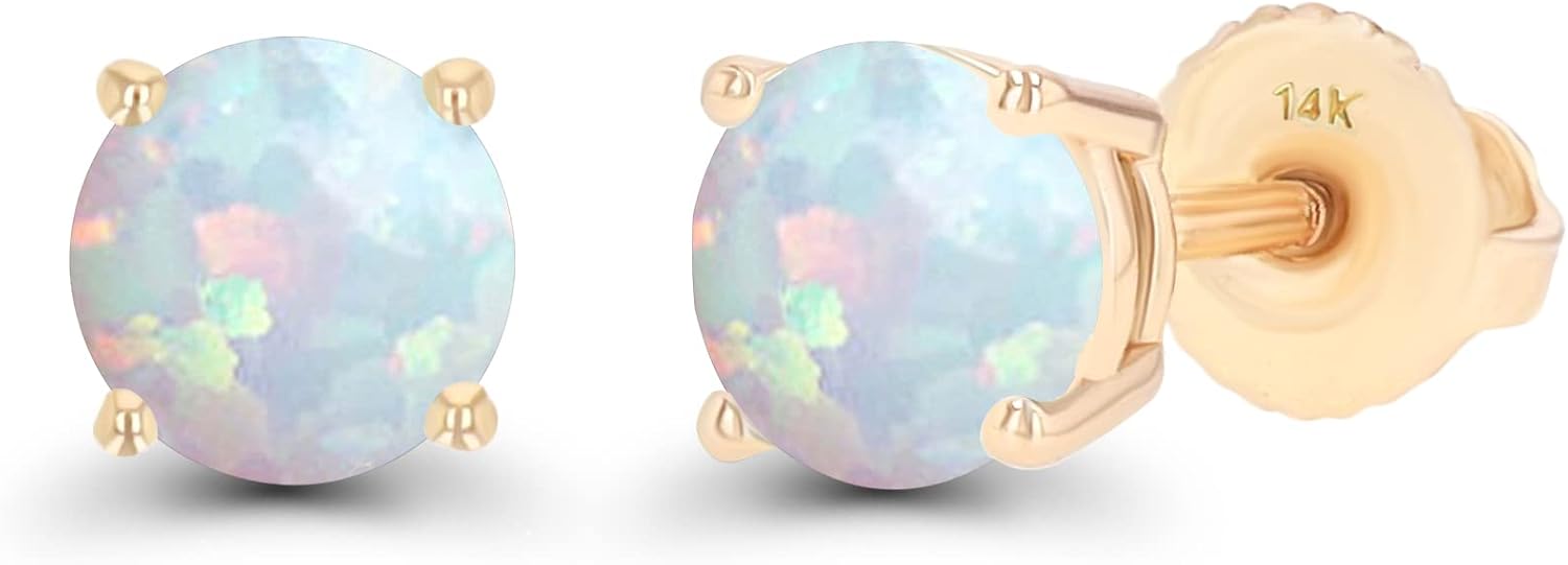 Solid 14K Gold 5mm Round Hypoallergenic Genuine Birthstone Solitaire Screwback Stud Earrings