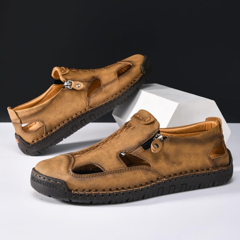 Men's Leather Hollow Athletic Sandals Casual Closed Toe Slip-on Roman Shoes Outdoor Beach Zipper Fisherman Shoes4