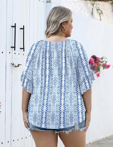 Image of Micoson Womens Plus Size Tops 3 /4 Ruffle Sleeve Crewneck Pleated Shirts